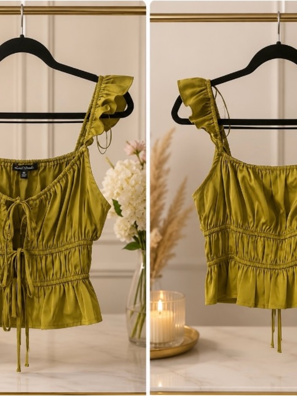 Mixed Threads Olive Green Ruffle Ruched Tie Front Top Size M. - Picture 3 of 3